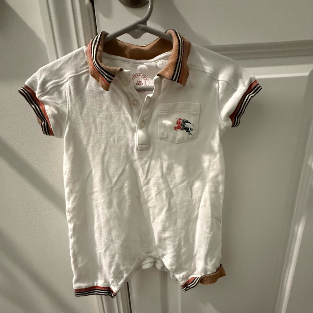 Burberry Children’s White Polo Romper with Tan and Black Trim Size 9 months